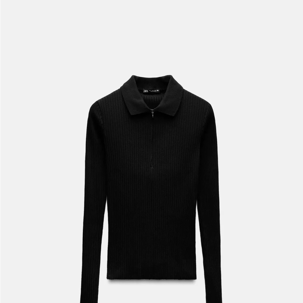 Zara Black Ribbed Long Sleeve Polo Sweater